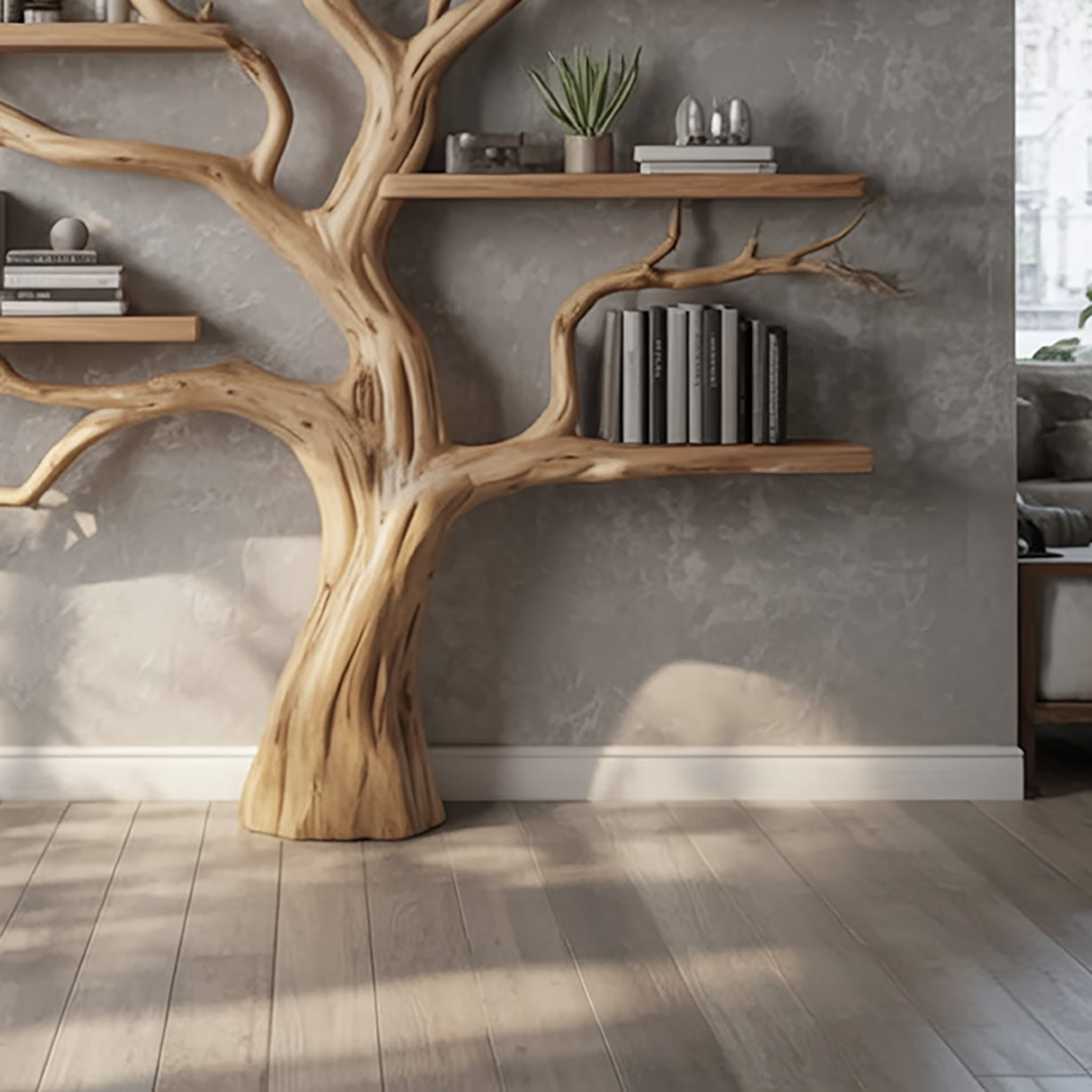 Live edge solid wood tree bookshelf with floating shelves in modern living room