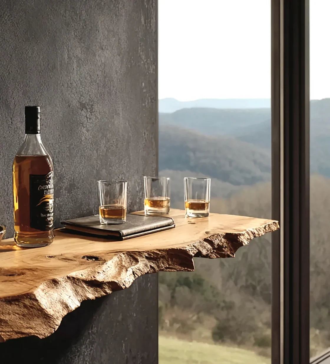 Rustic wooden shelf holding a whiskey bottle and three glasses with whiskey overlooking mountain view