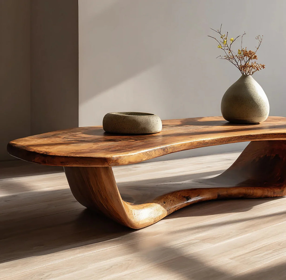 Live edge solid wood coffee table with natural finish and modern sculptural base, styled with minimalist ceramic vases.