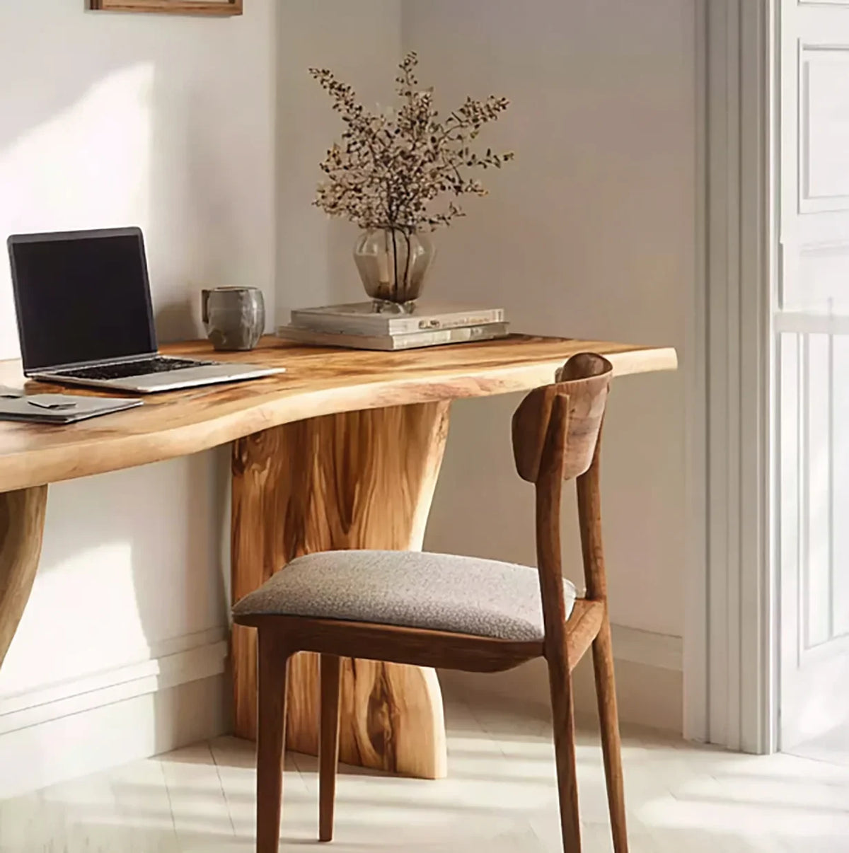 Live edge solid wood desk with laptop, books, and vase in a bright home office setting