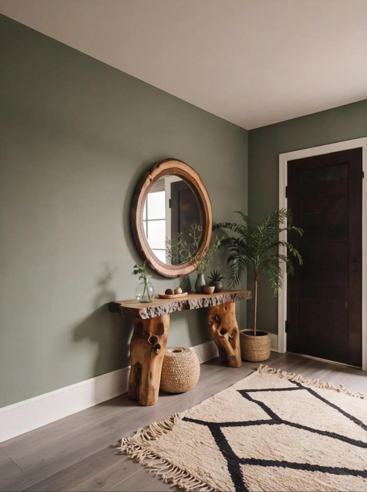 Live edge wood console table with natural decor, round mirror, indoor plants in modern entryway