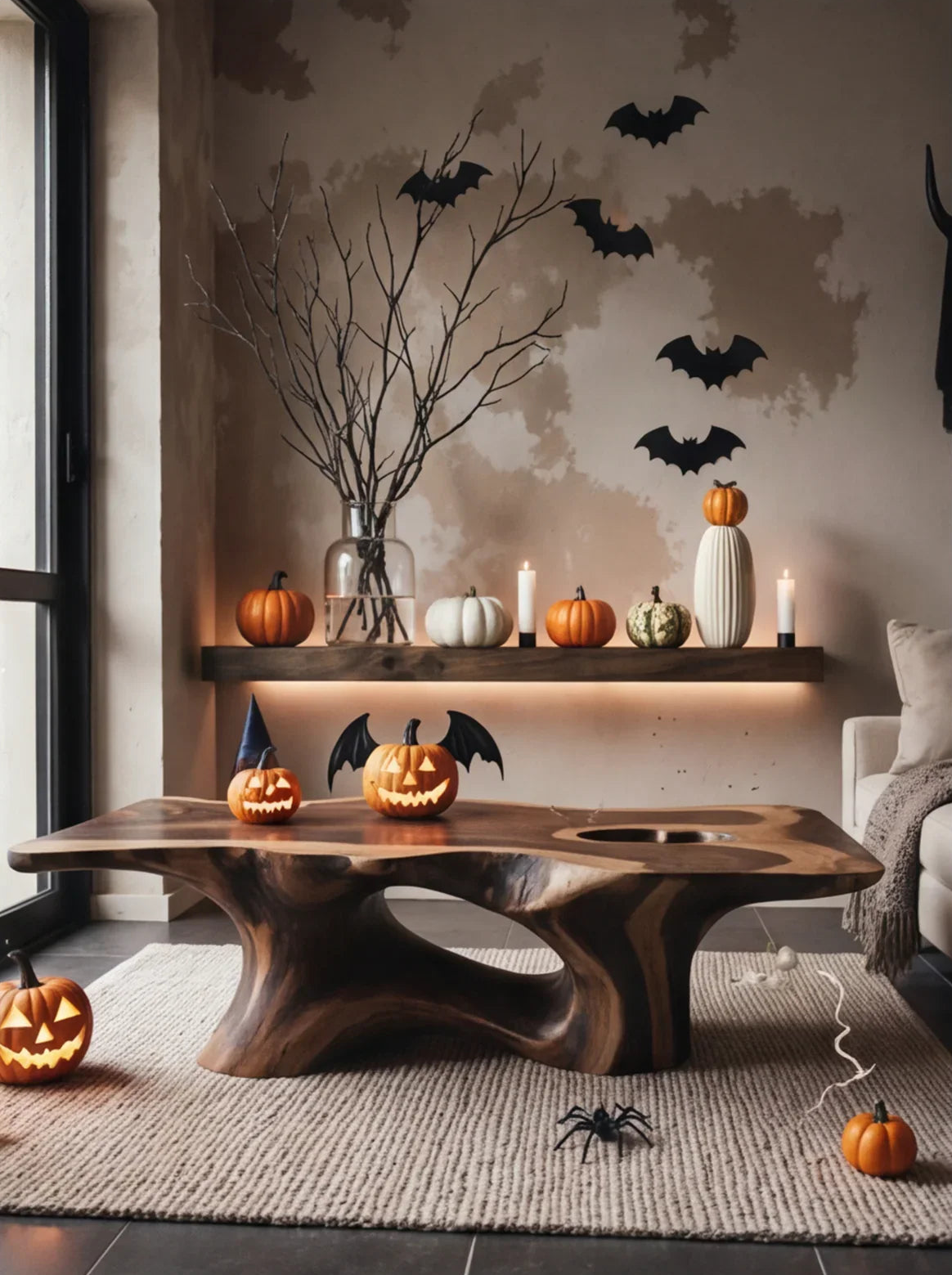 Live edge wood coffee table with Halloween jack-o'-lanterns, bats, and pumpkins in modern living room.