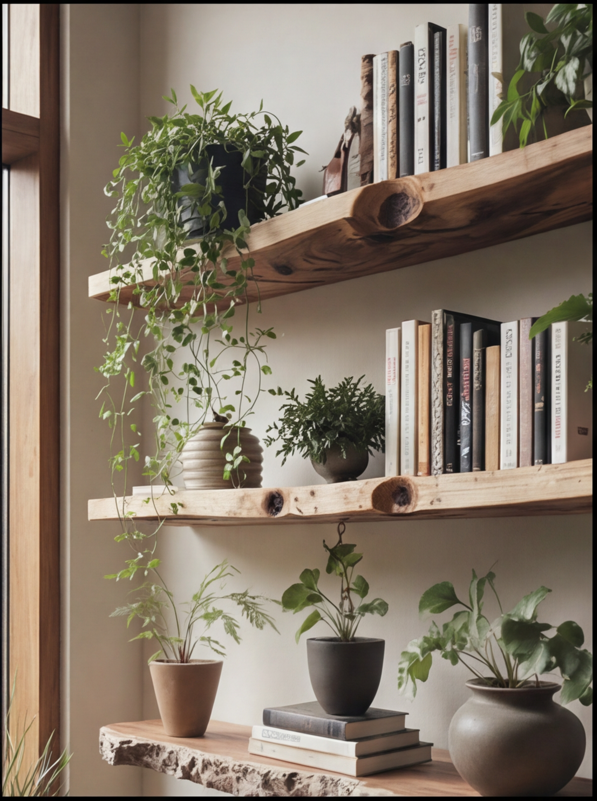 Live edge wooden floating shelves with potted plants and books, modern natural decor