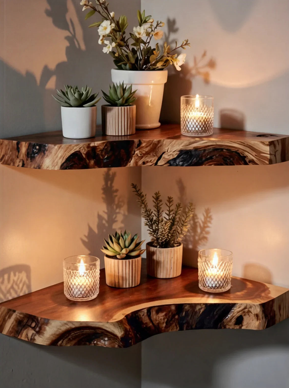 Live edge floating wood shelves with candles, succulents and flower pot decor