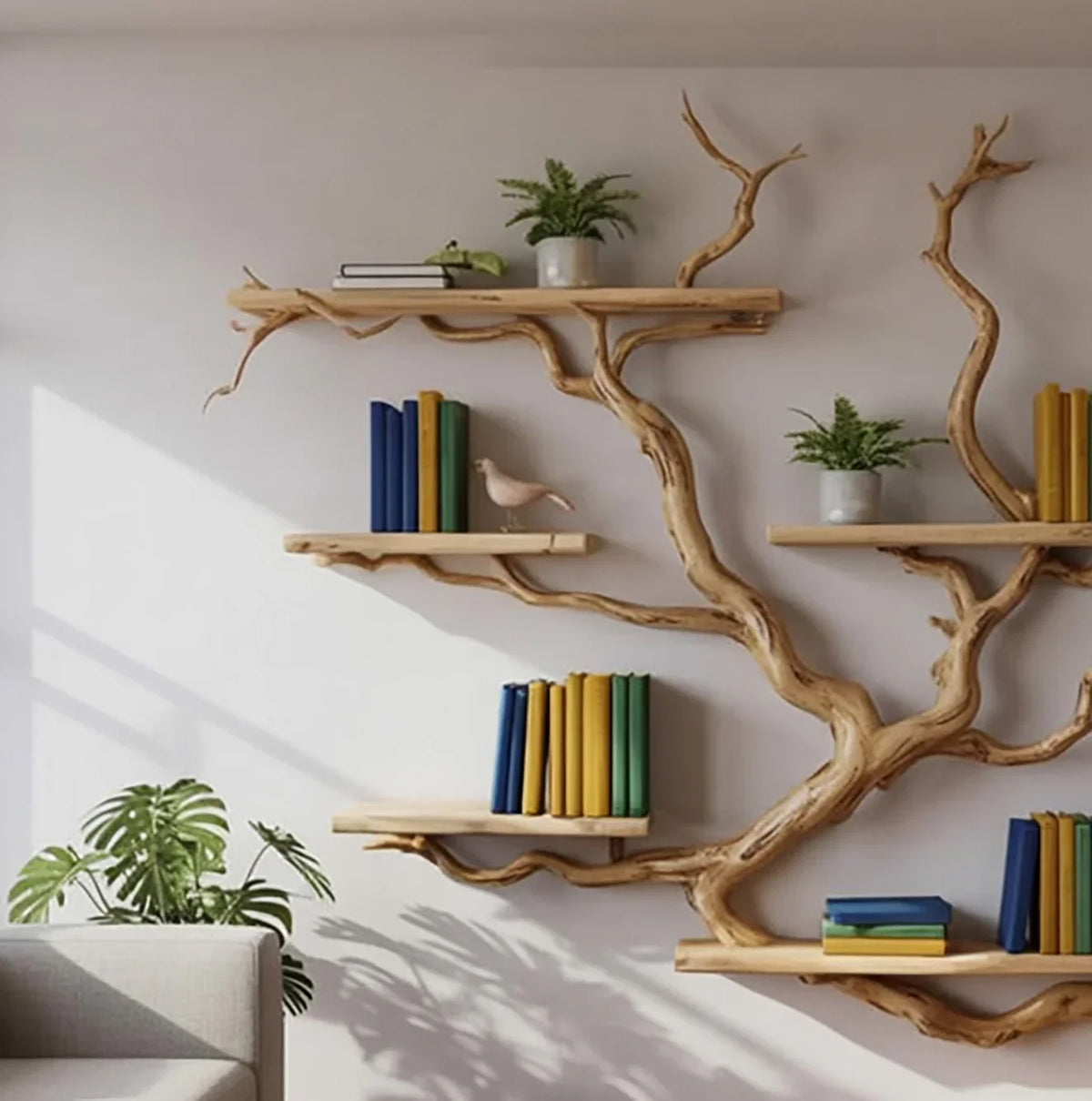 Live edge tree bookshelf with books and plants on a modern living room wall