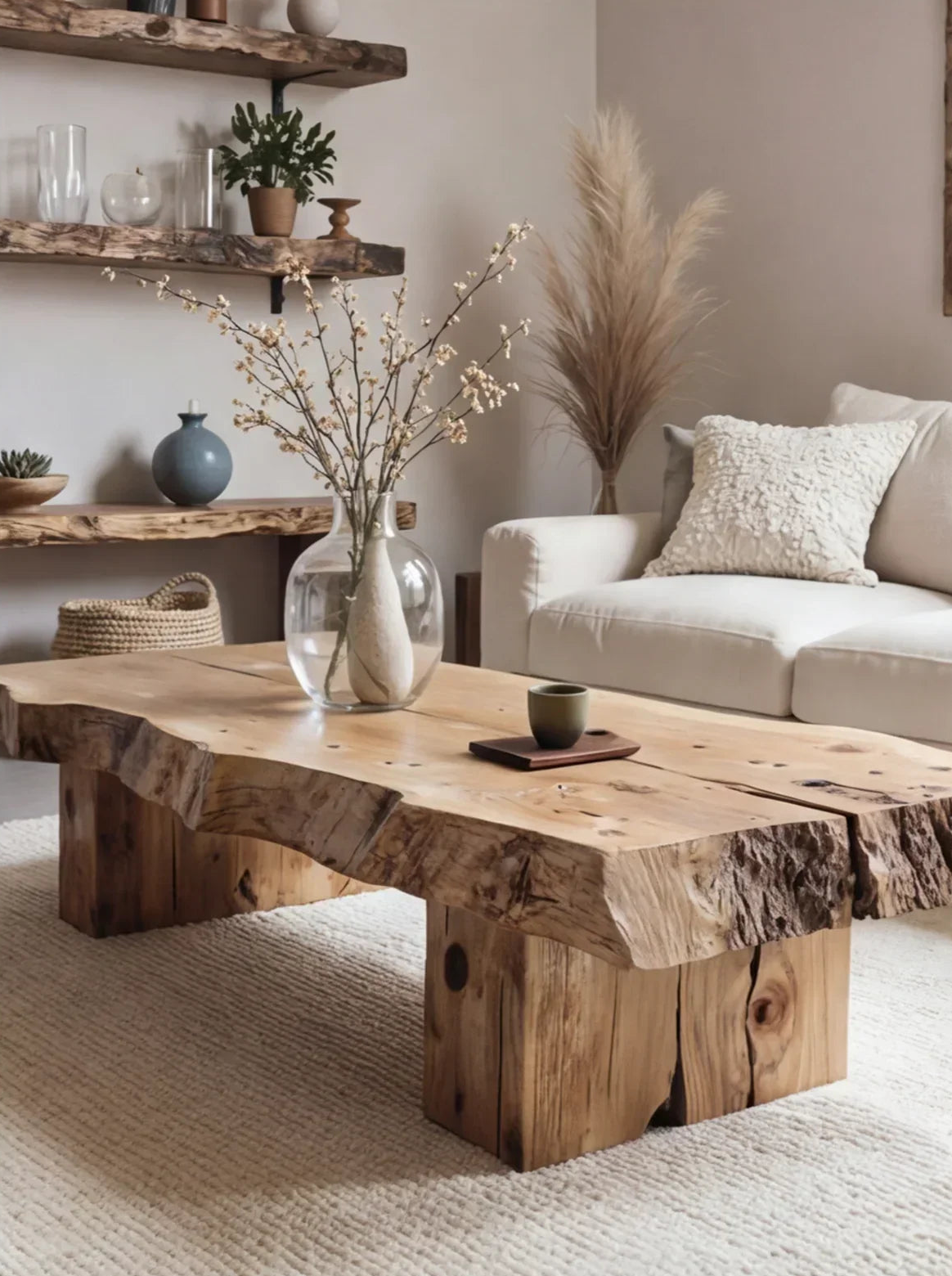 Live edge solid wood coffee table in cozy living room with floating shelves and natural decor