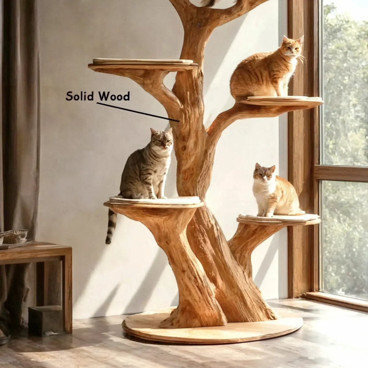 Handmade wooden cat tree with natural branch structure