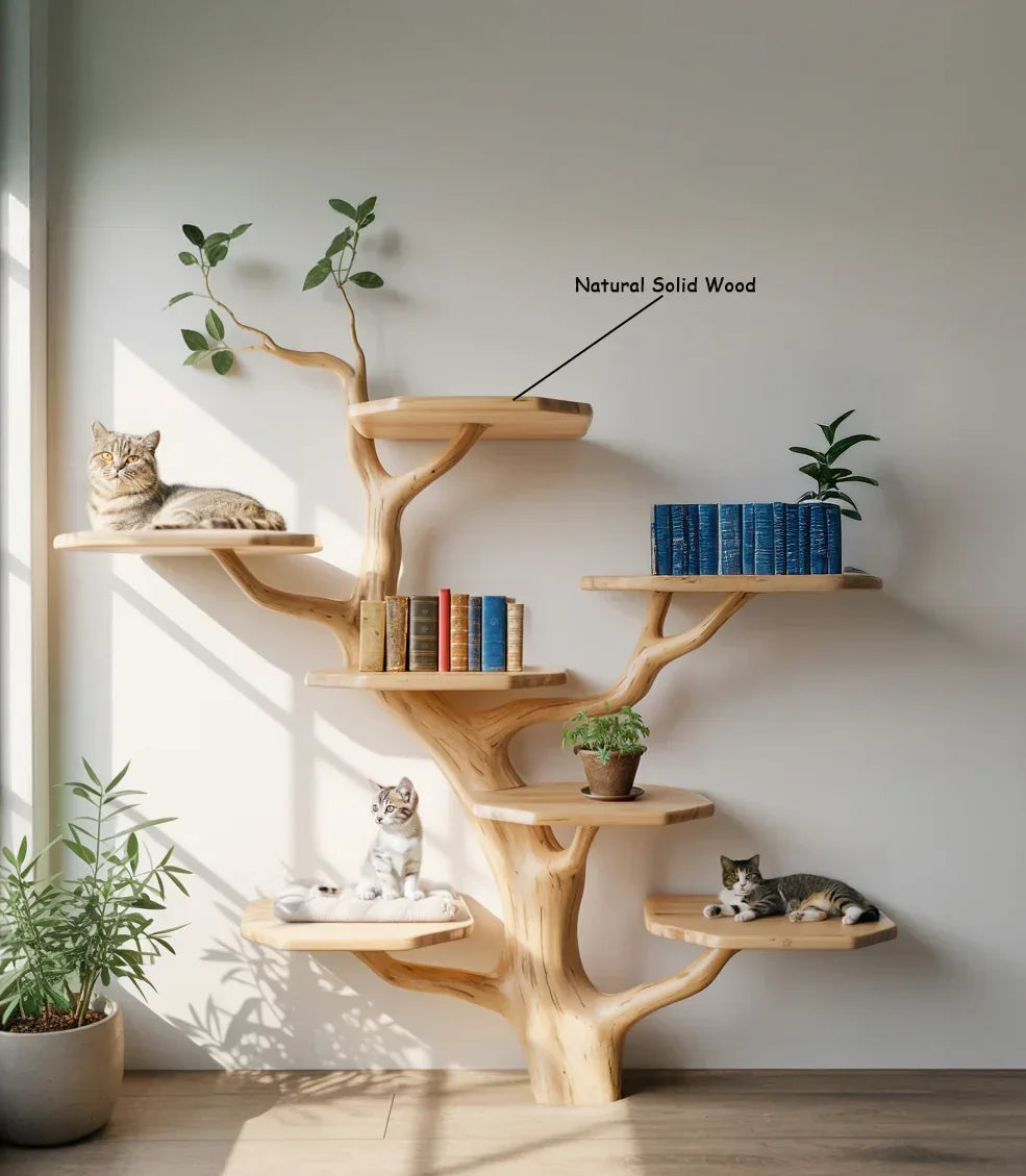 Natural solid wood cat tree shelf with three cats, books, and potted plants in sunlit room