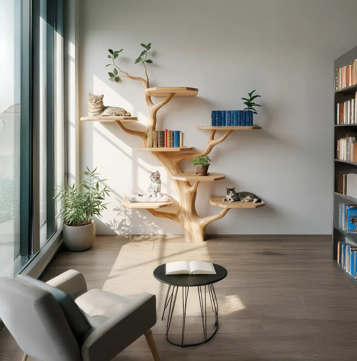 Modern living room with wooden cat tree shelves holding cats, books, plants, armchair, and small round table
