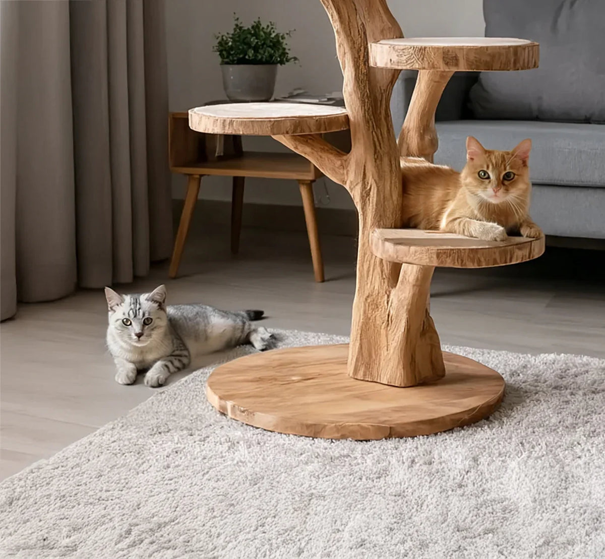 solid wood cat tree handmade detail showing carved bark texture
