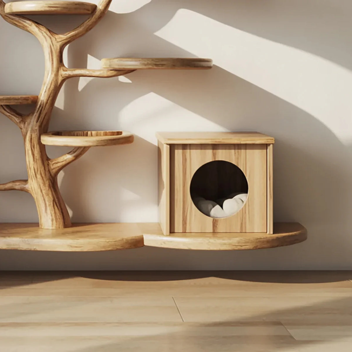 Mid-Century Wooden Cat Tree Tower – Stylish Cat Climbing Furniture