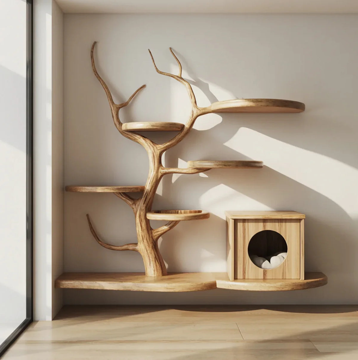 Mid-Century Wooden Cat Tree Tower – Stylish Cat Climbing Furniture