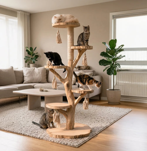 Solid Wood Sculptural Cat Climbing Condo for Living Room Decor