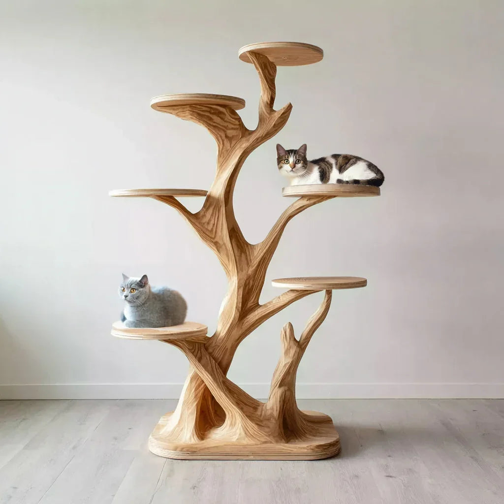 Mid-Century Wooden Cat Tree Tower – Stylish Living Room Cat Furniture