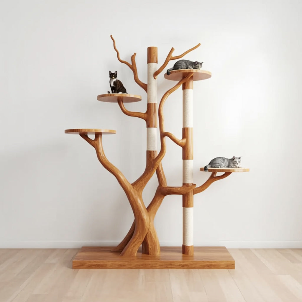 Rustic Tree Cat Tower – Natural Wood Cat Furniture for Living Room