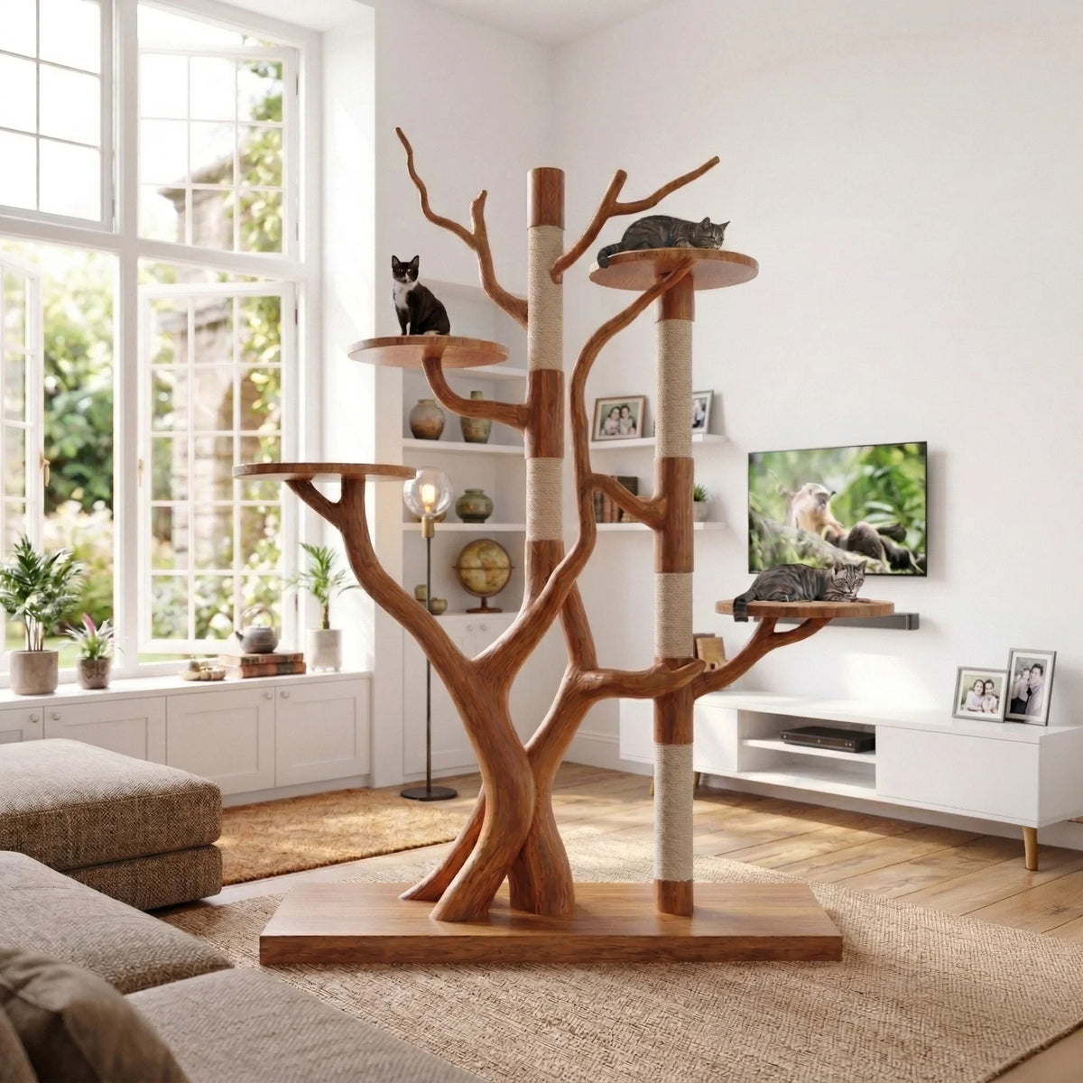 Rustic Tree Cat Tower – Natural Wood Cat Furniture for Living Room