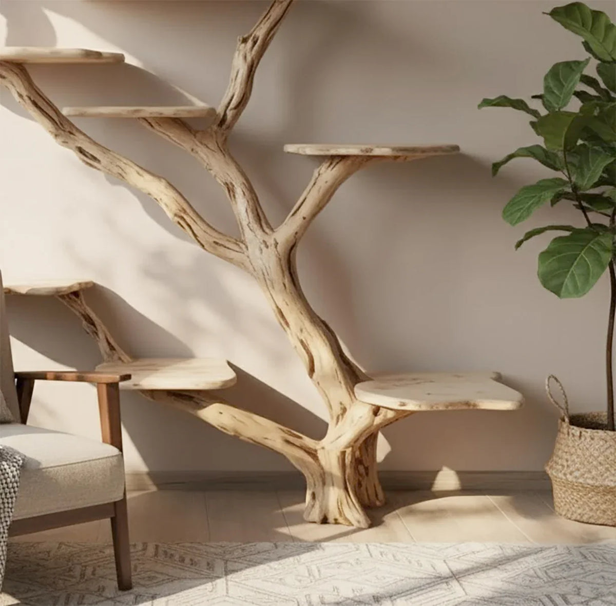 Rustic wooden cat tree with multiple platforms next to armchair and potted plant in cozy living room