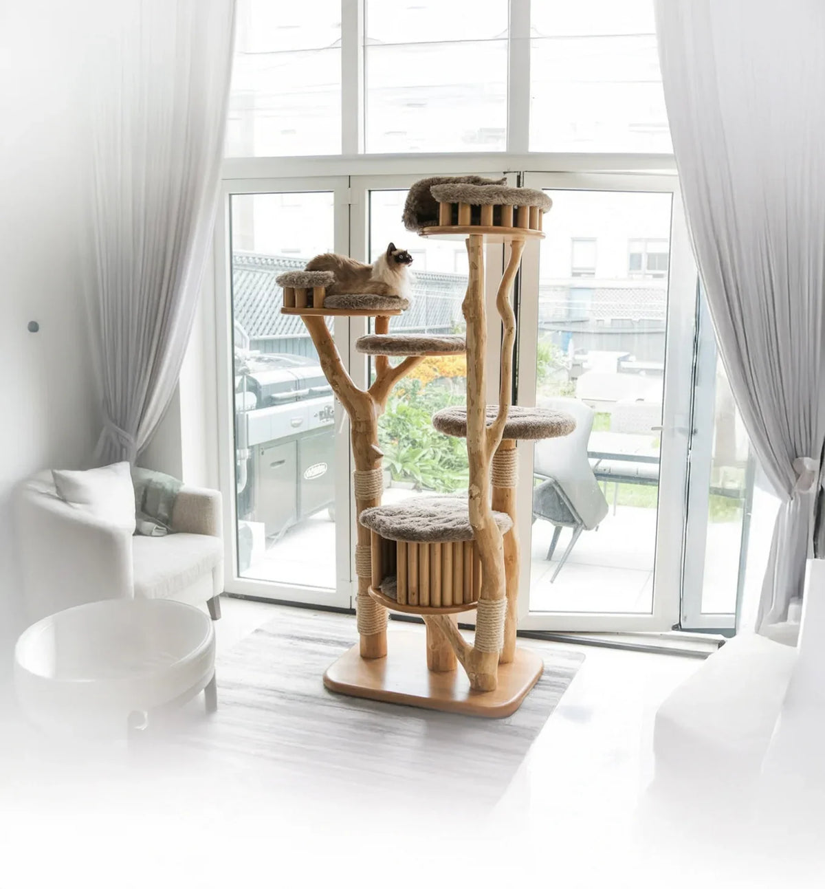 Modern living room with large wooden cat tree and a fluffy cat resting on top platform