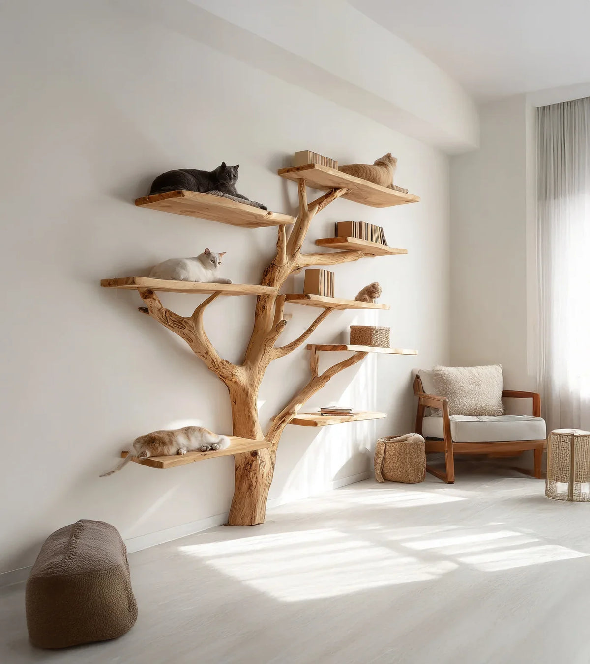 Modern minimalist living room with wooden tree-shaped cat shelves and five cats lounging
