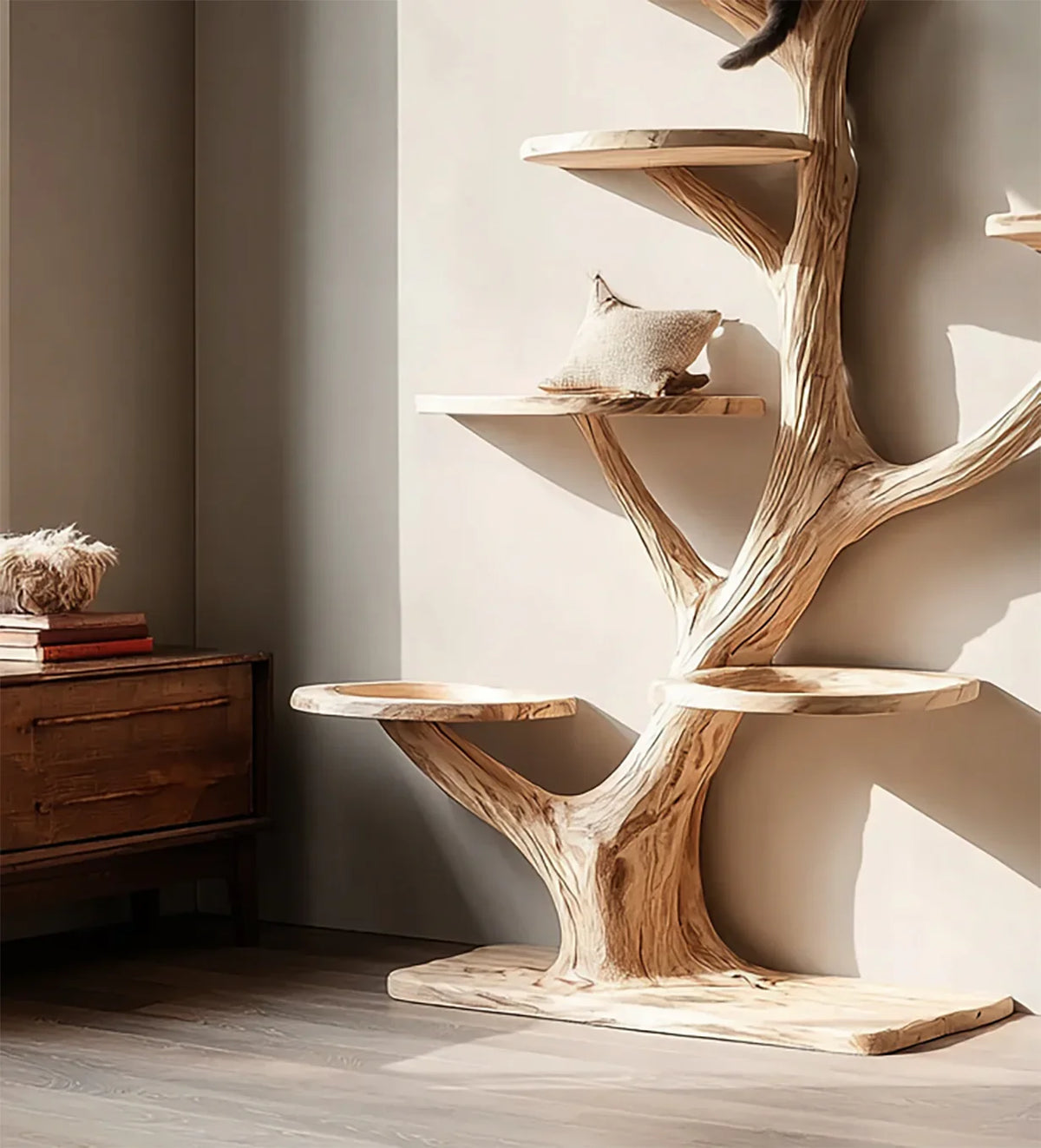 Natural wood cat tree with multiple platforms and a beige cushion in a sunlit room