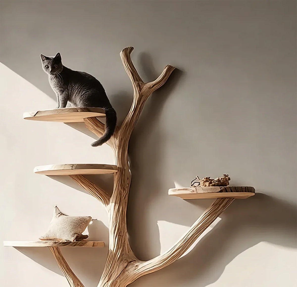 Gray cat sitting on a natural wood tree-shaped cat shelf mounted on a beige wall