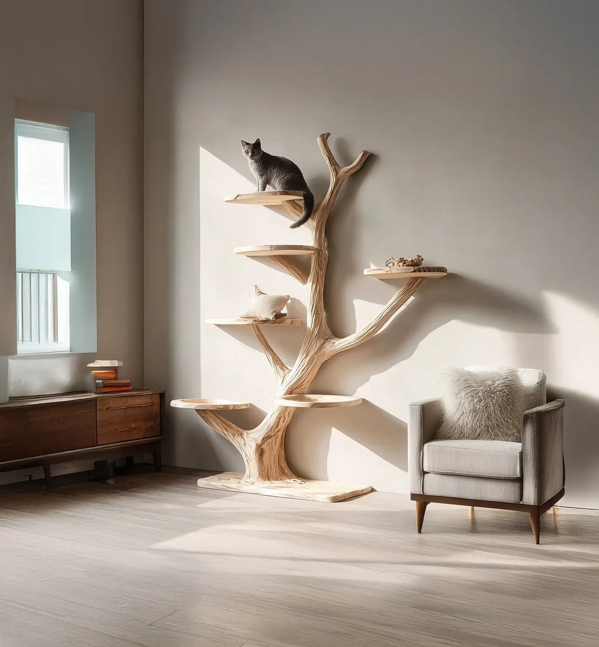 Minimalist living room with wooden cat tree shaped like a tree, gray cat, armchair, and wooden sideboard