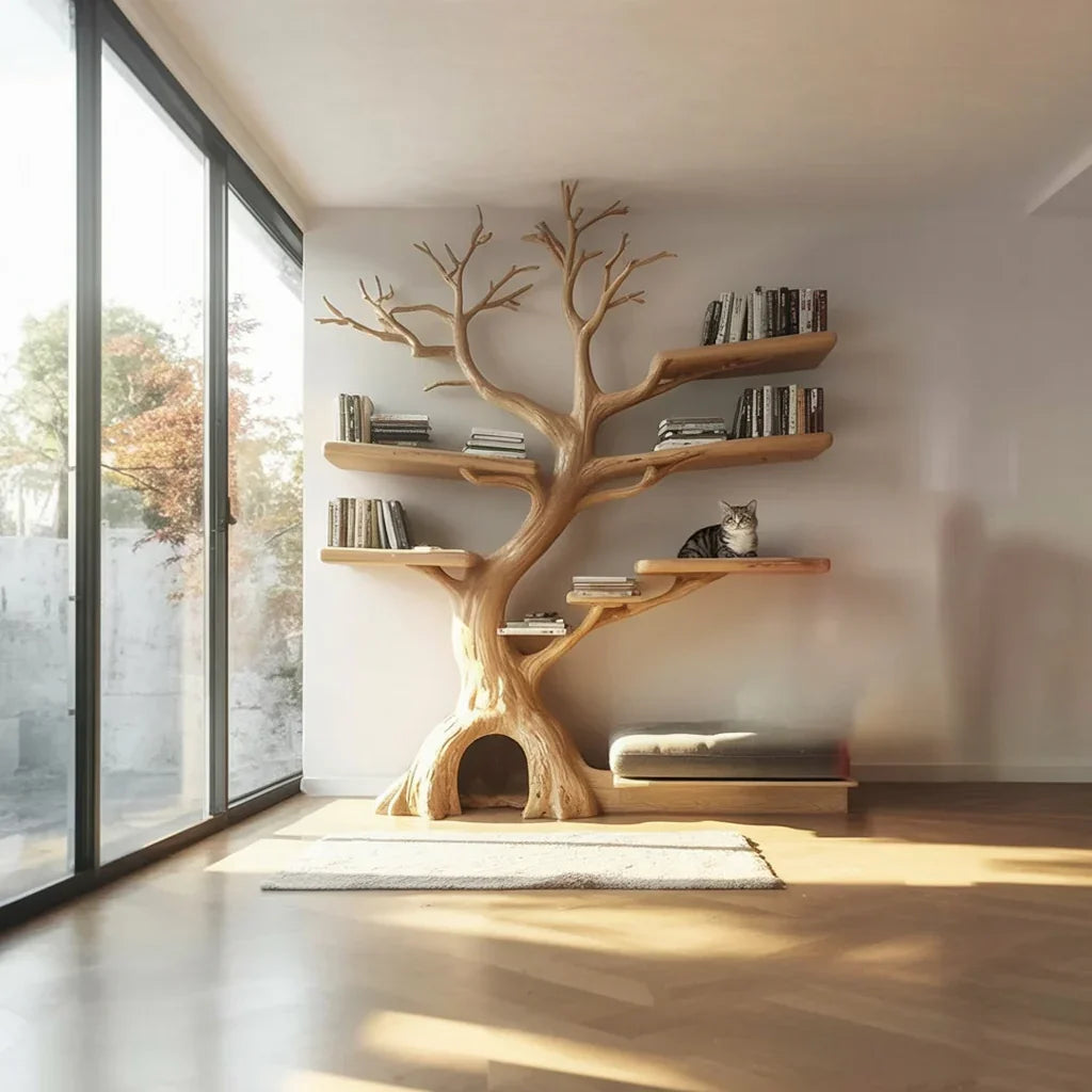 Modern living room with wooden tree-shaped bookshelf, books, cat resting on shelf, large windows