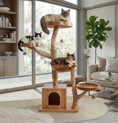 Handcrafted Rustic Tree Cat Tower – Solid Wood Cat Tree for Living Room