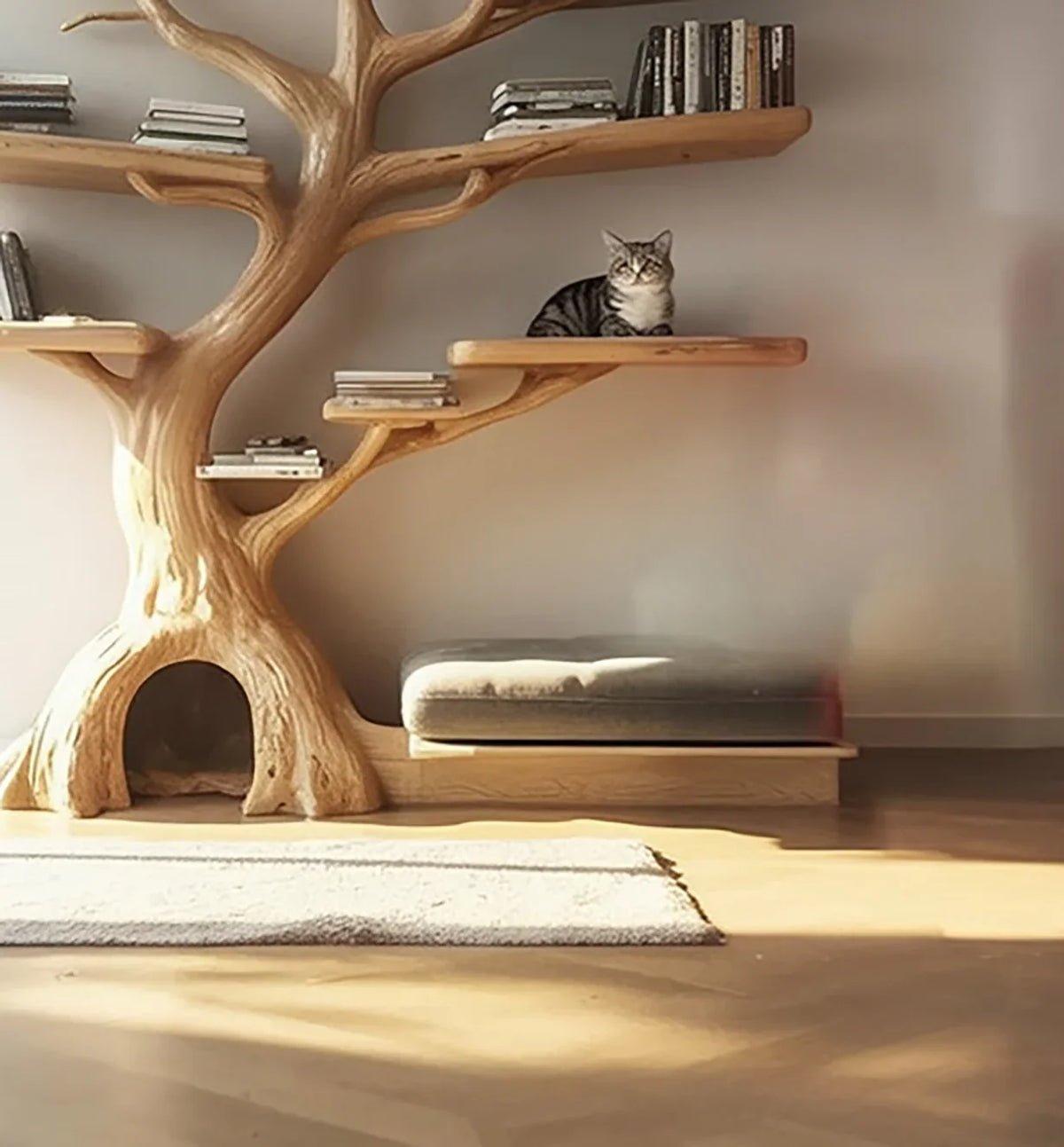 Cat resting on wooden tree-shaped bookshelf with books and cushion in sunlight
