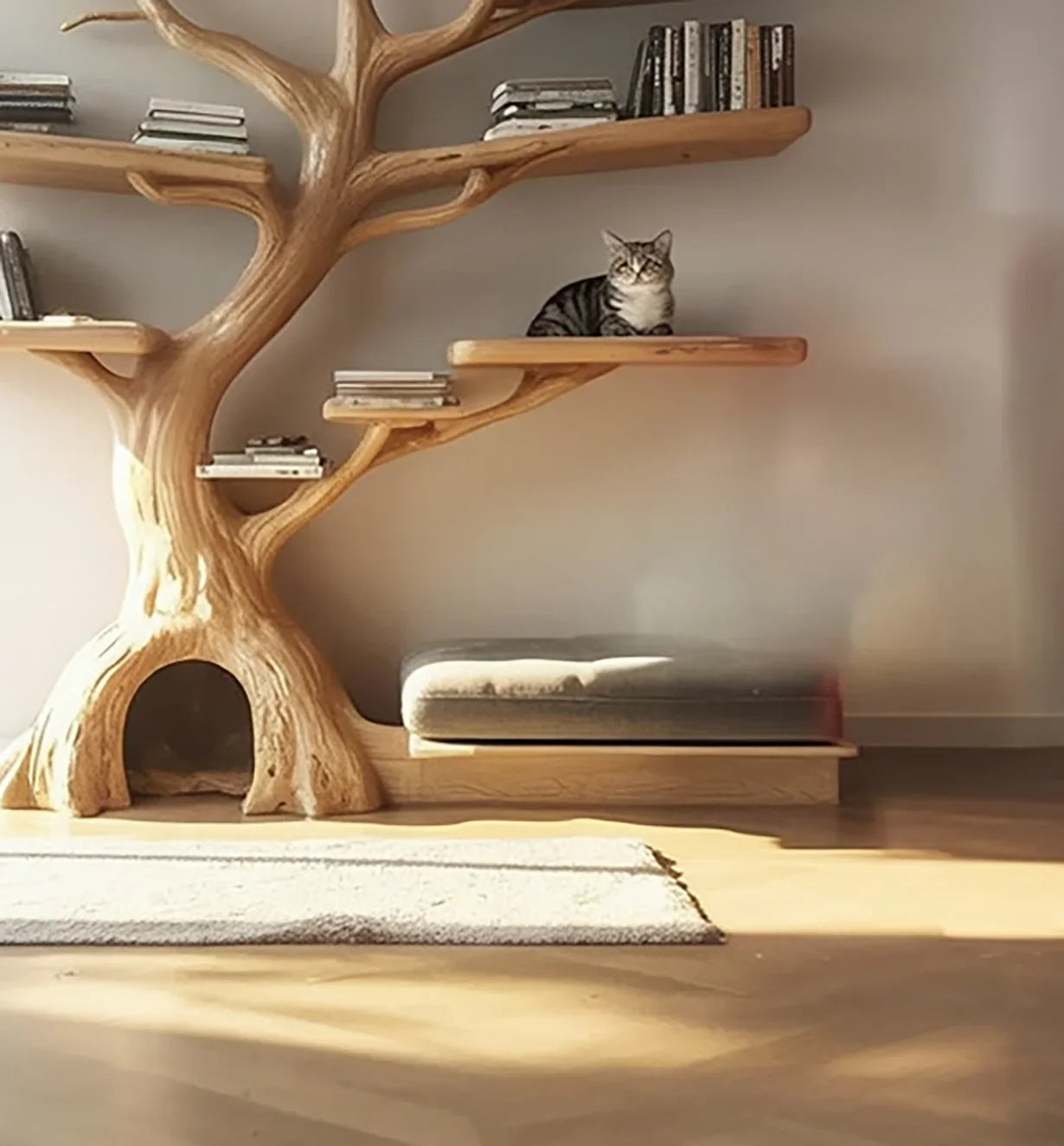 Cat resting on wooden tree-shaped bookshelf with books and cushion in sunlight