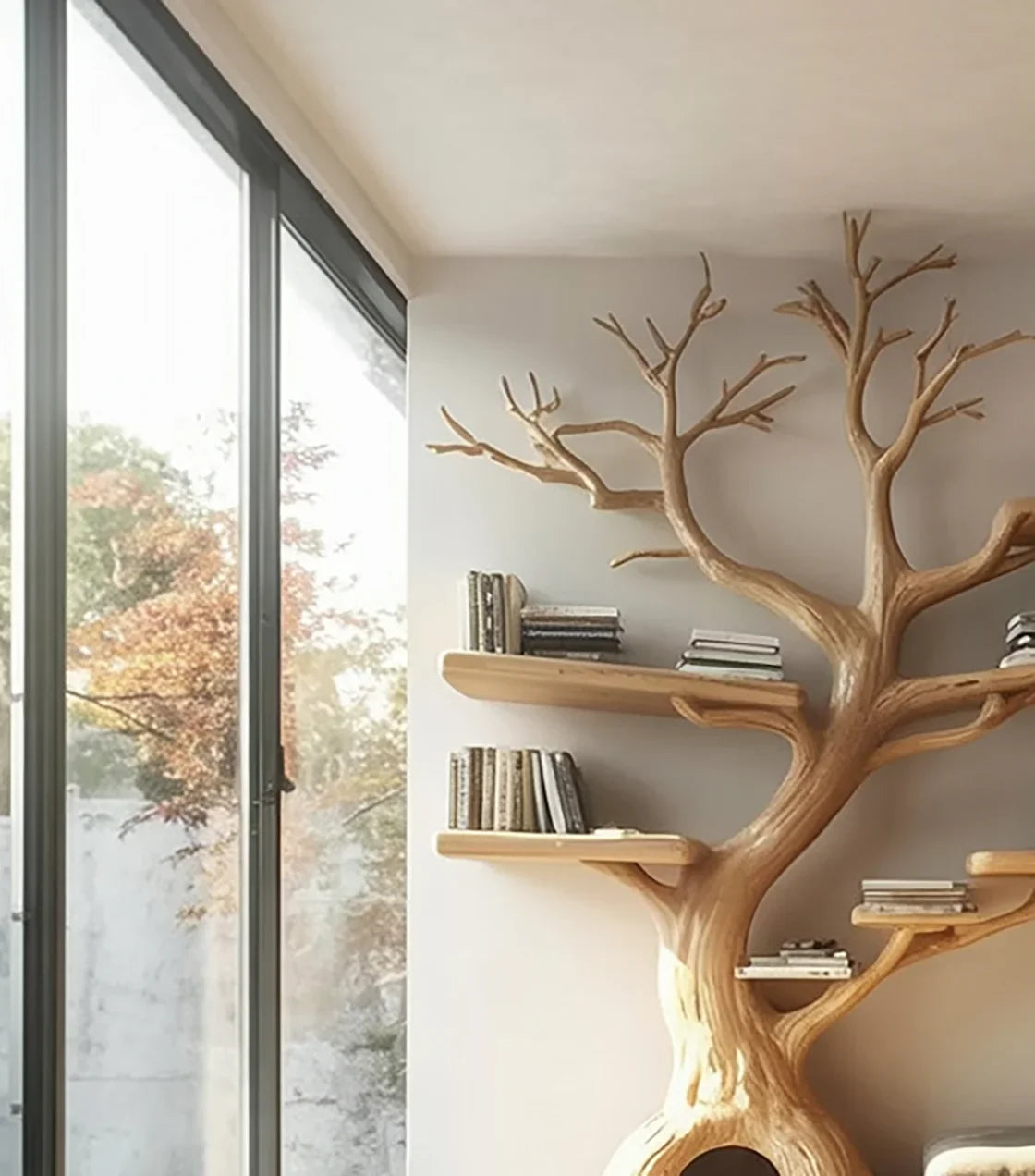 Modern living room with large window and unique wooden tree-shaped bookshelf with books