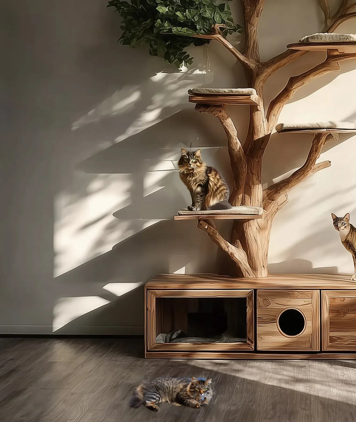 Indoor wooden cat tree with shelves and platforms, three cats relaxing on and near it in sunlit room