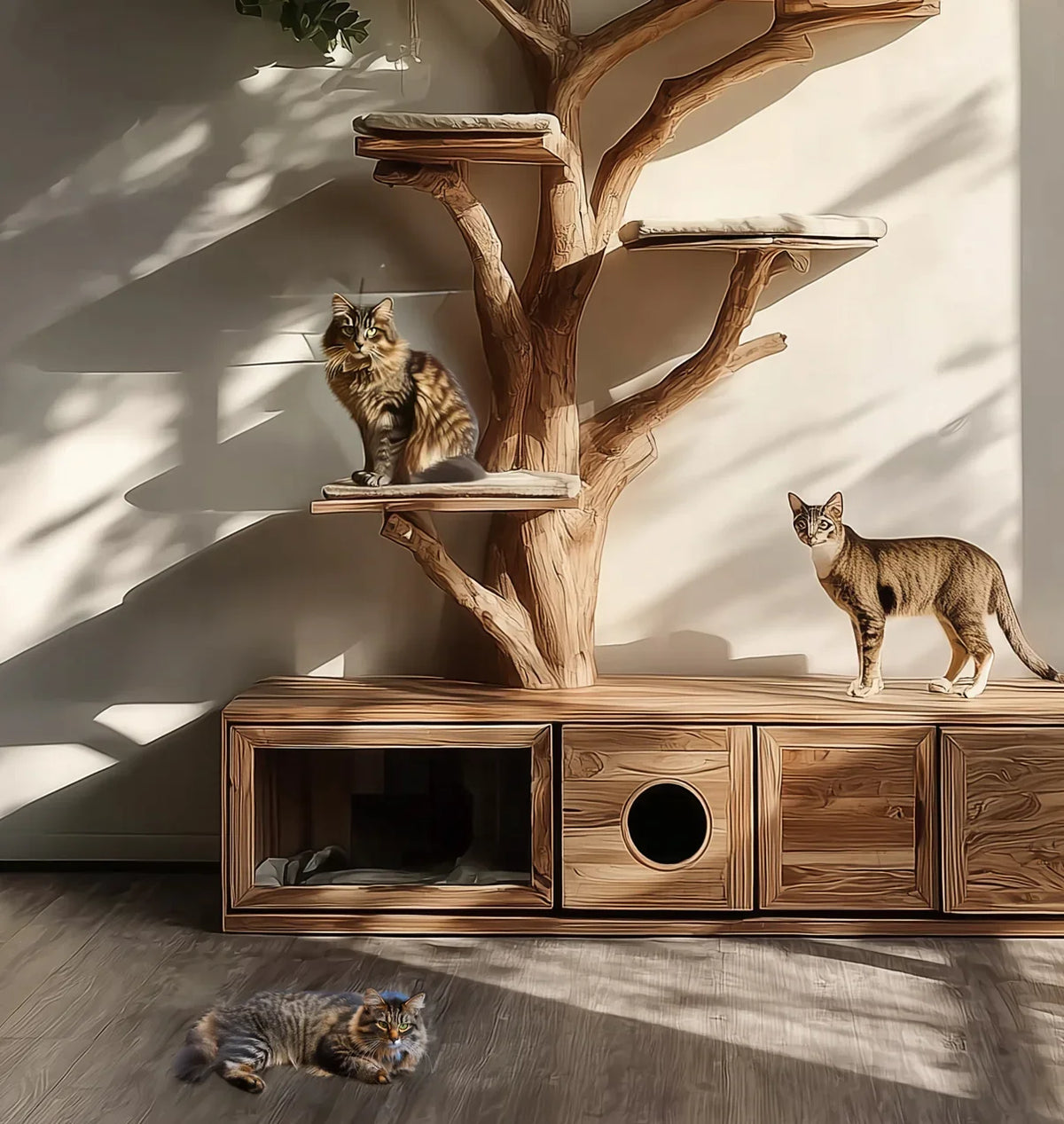 Three cats with striped fur on wooden cat tree and floor in sunlit modern room