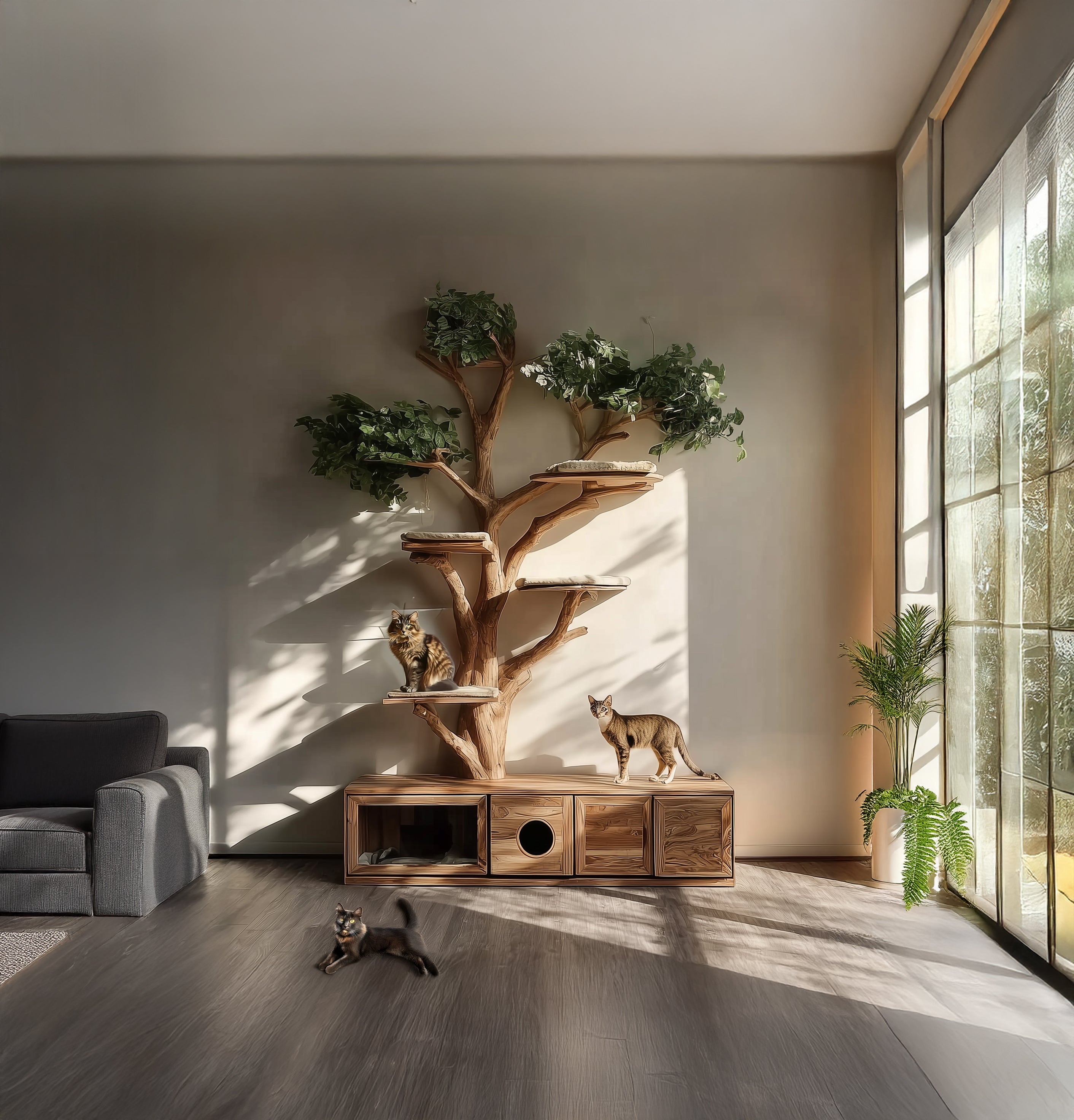 Modern living room with gray sofa, wooden cat tree with greenery, and three cats in sunlight