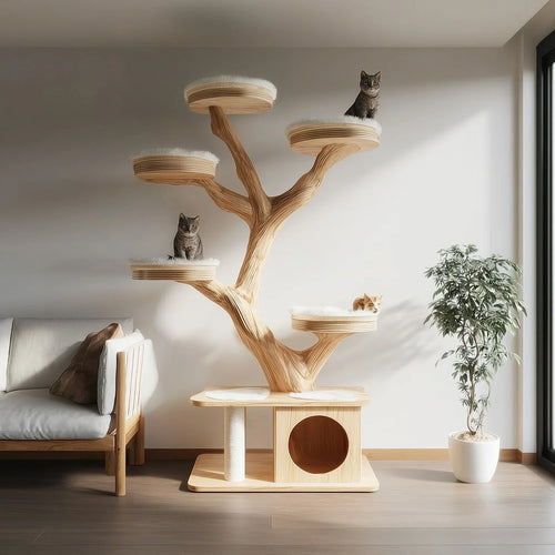 Rustic Wooden Cat Tree – Handmade Wall-Mount Climbing Tower Shelf, Unique Natural Cat Furniture