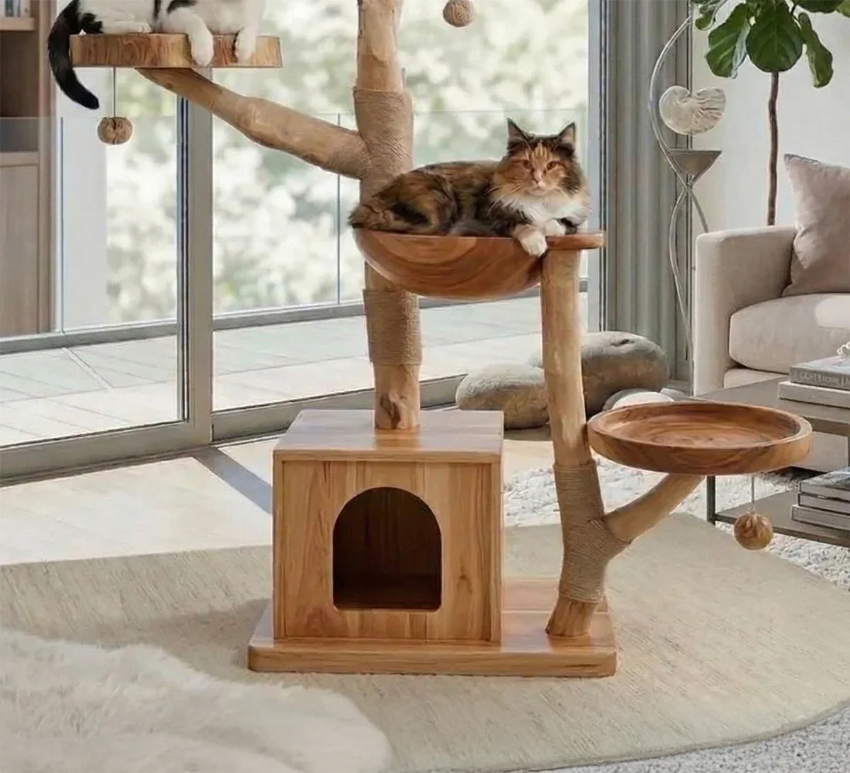 Premium solid wood cat tree handcrafted from natural hardwood
