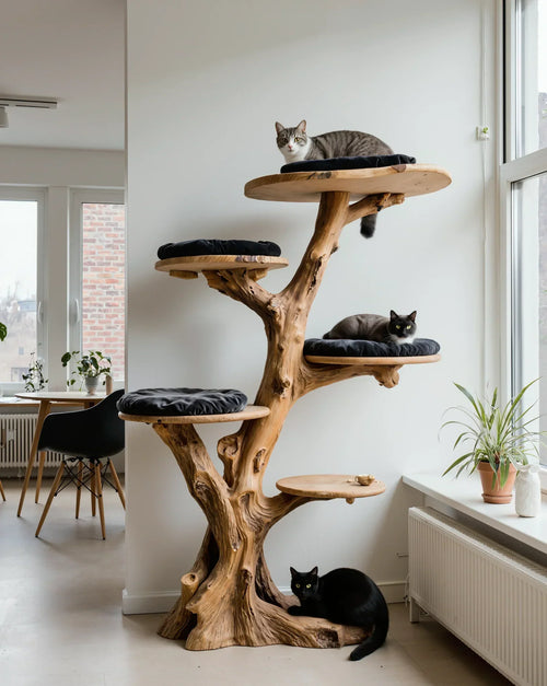 Handcrafted Large Wooden Cat Tree - Sculptural Solid Wood Cat Tower for Big Cats