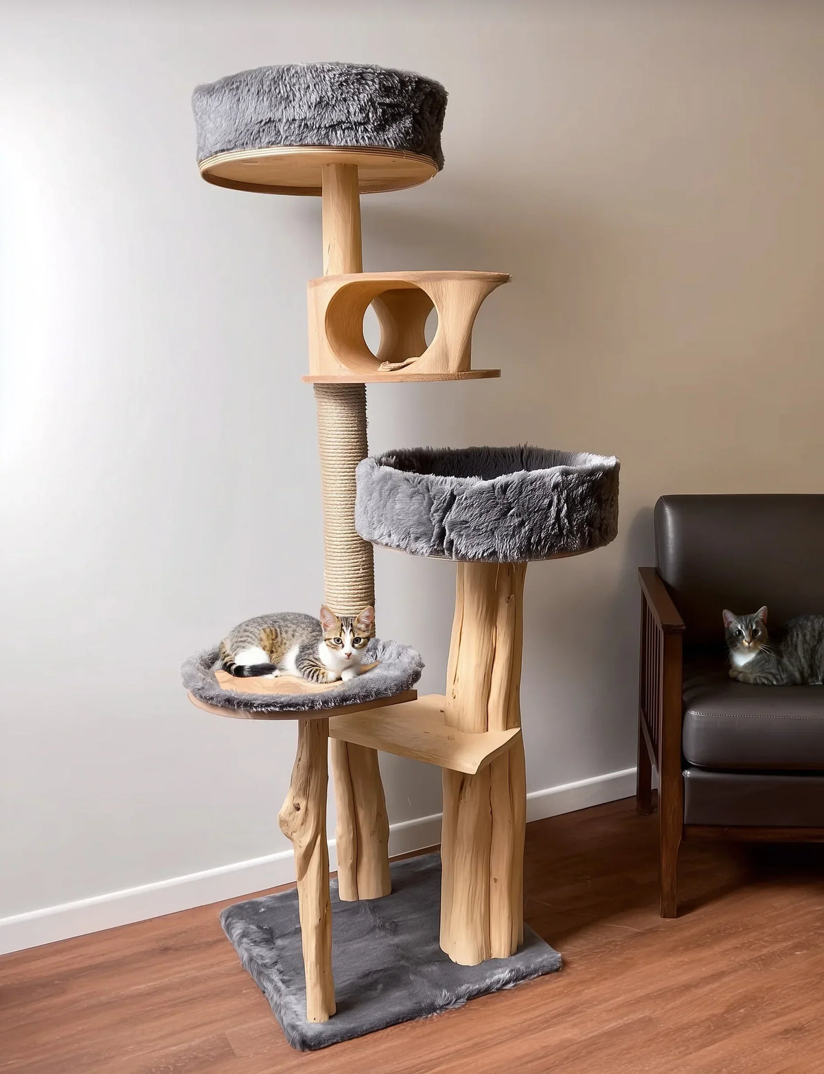 Handmade wooden cat climbing shelf crafted from solid wood