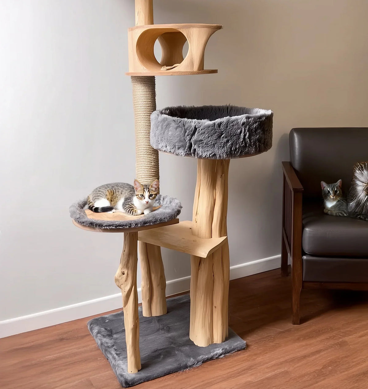 Handmade wooden cat climbing shelf creating a stylish indoor play space