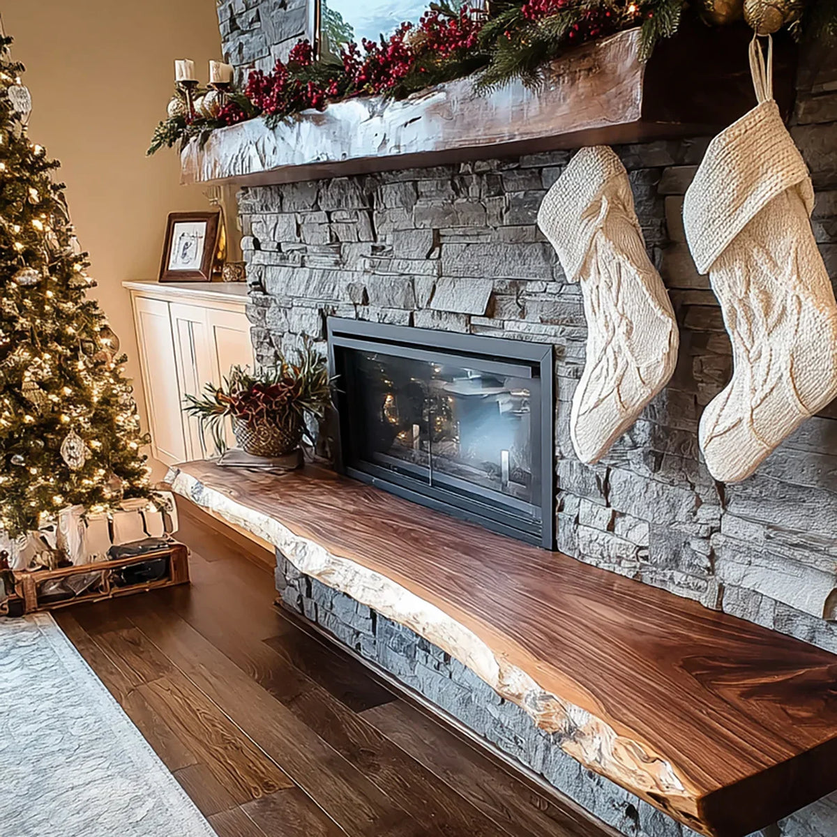 Cozy living room with stone fireplace, wooden mantel, Christmas stockings, decorated Christmas tree, hardwood floor