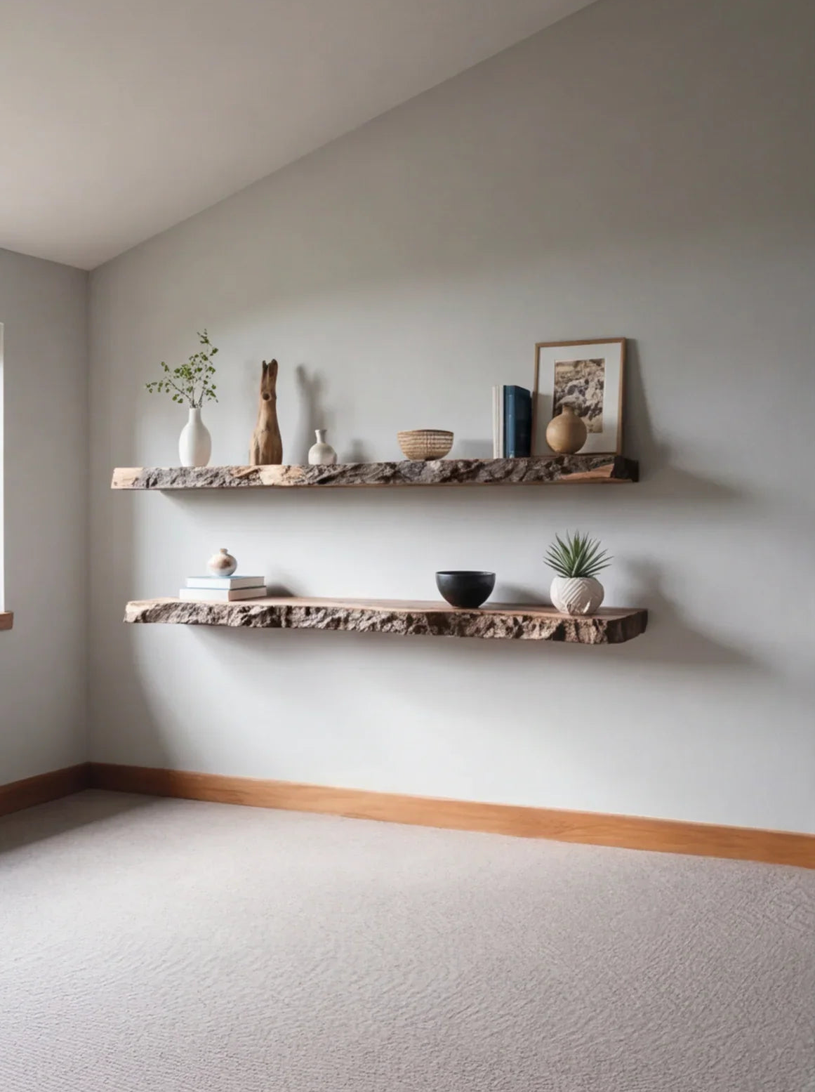 Live edge floating wood shelves on wall with books, vases, plant, and decor items