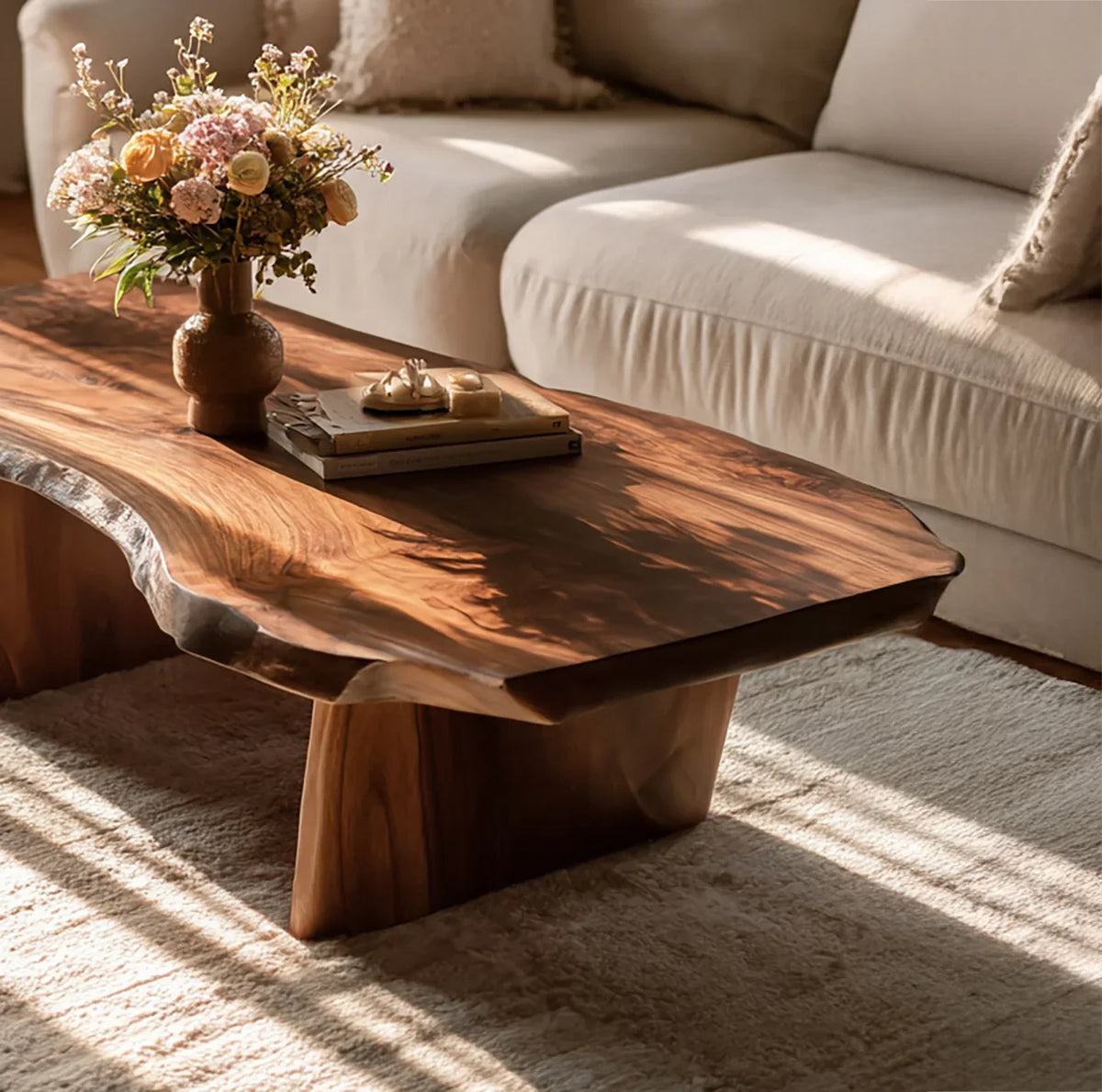rustic handmade solid wood coffee table in living room with natural wood grain detail
