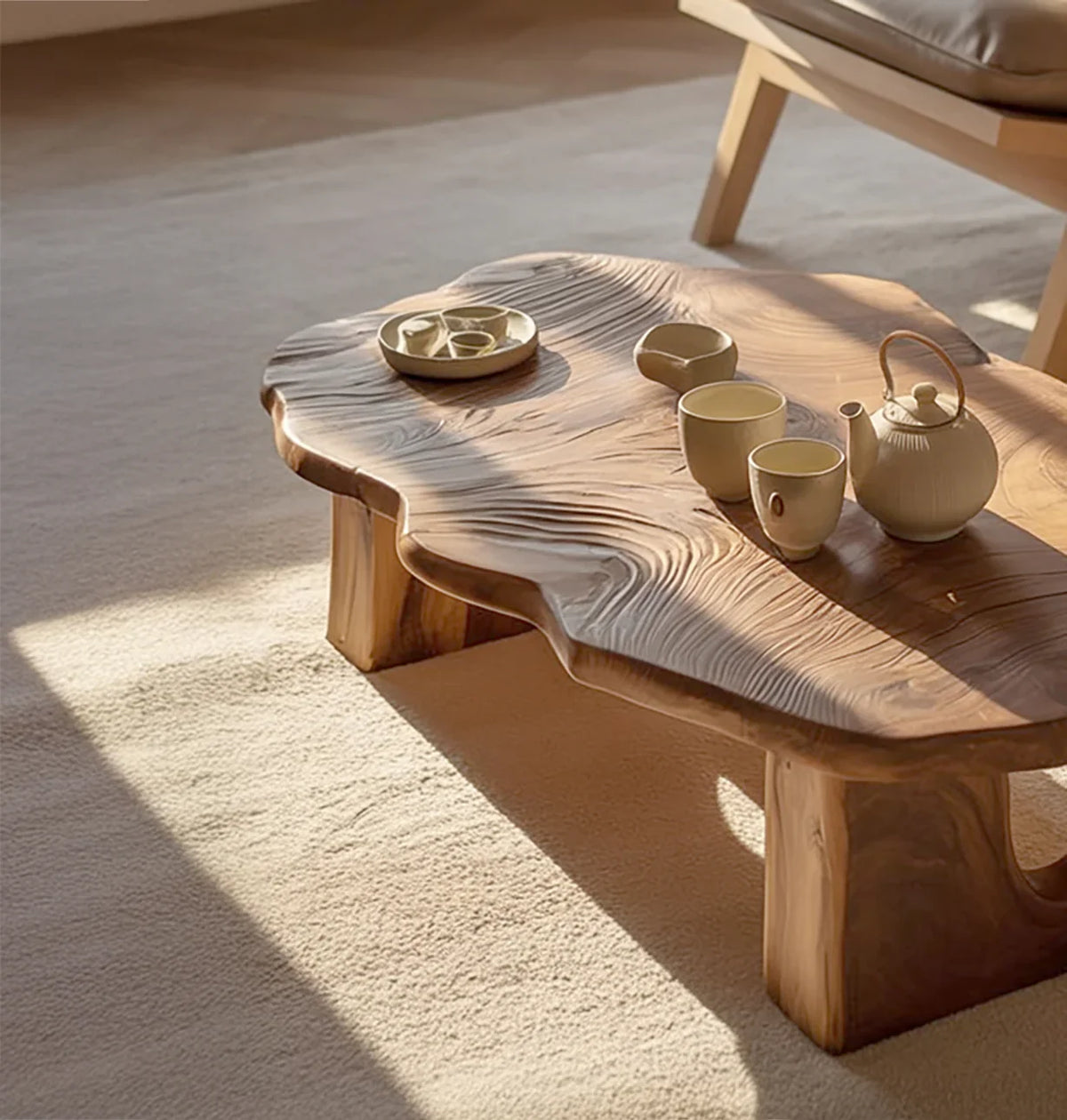 organic live edge coffee table in living room with natural wood grain and modern decor