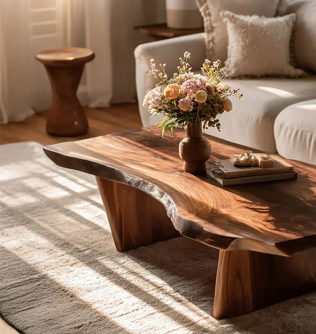 rustic handmade solid wood coffee table in living room with natural wood grain detail