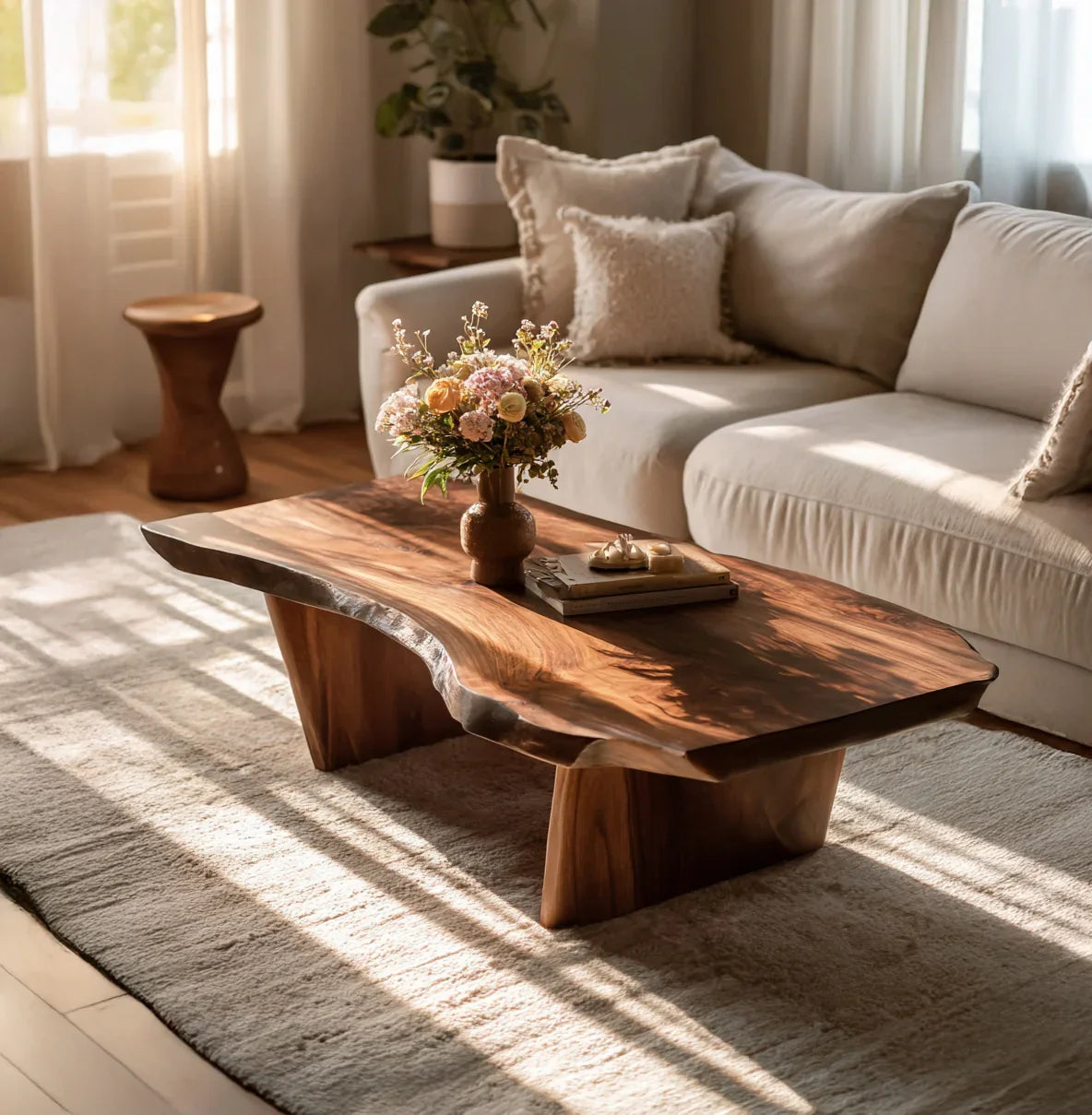 rustic handmade solid wood coffee table in living room with natural wood grain detail