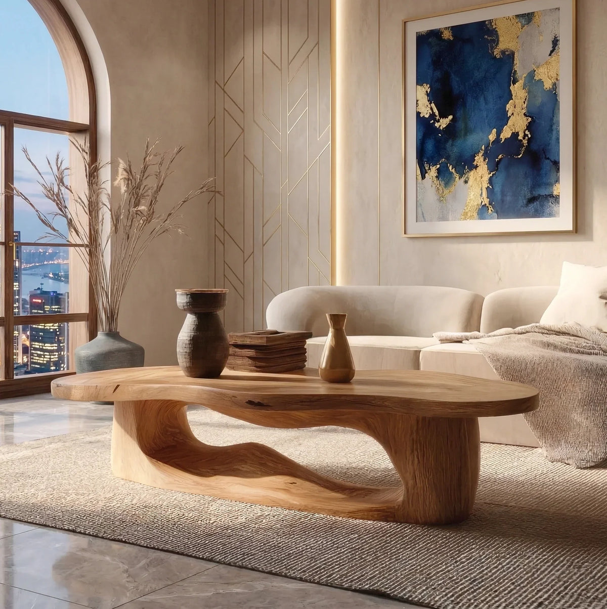 mid century modern coffee table in living room with minimalist decor and sofa
