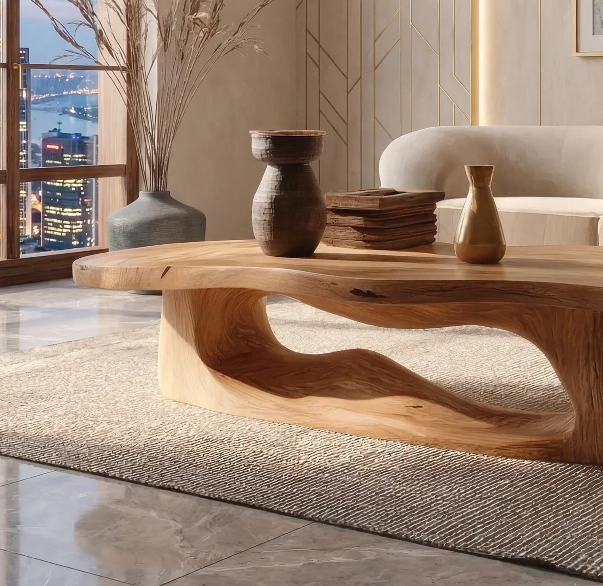 mid century modern coffee table in living room with minimalist decor and sofa