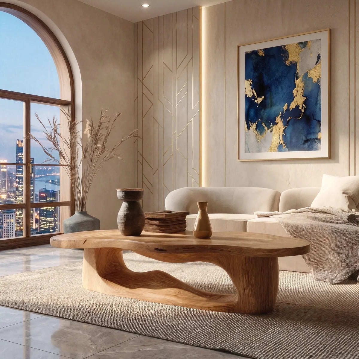 mid century modern coffee table in living room with minimalist decor and sofa