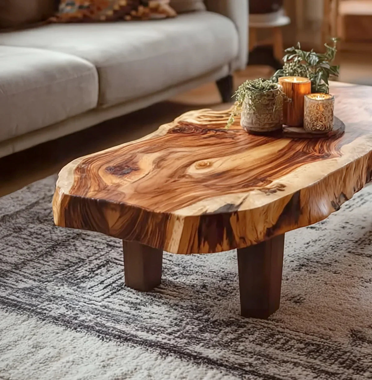 vintage inspired natural wood coffee table in cozy living room with warm decor