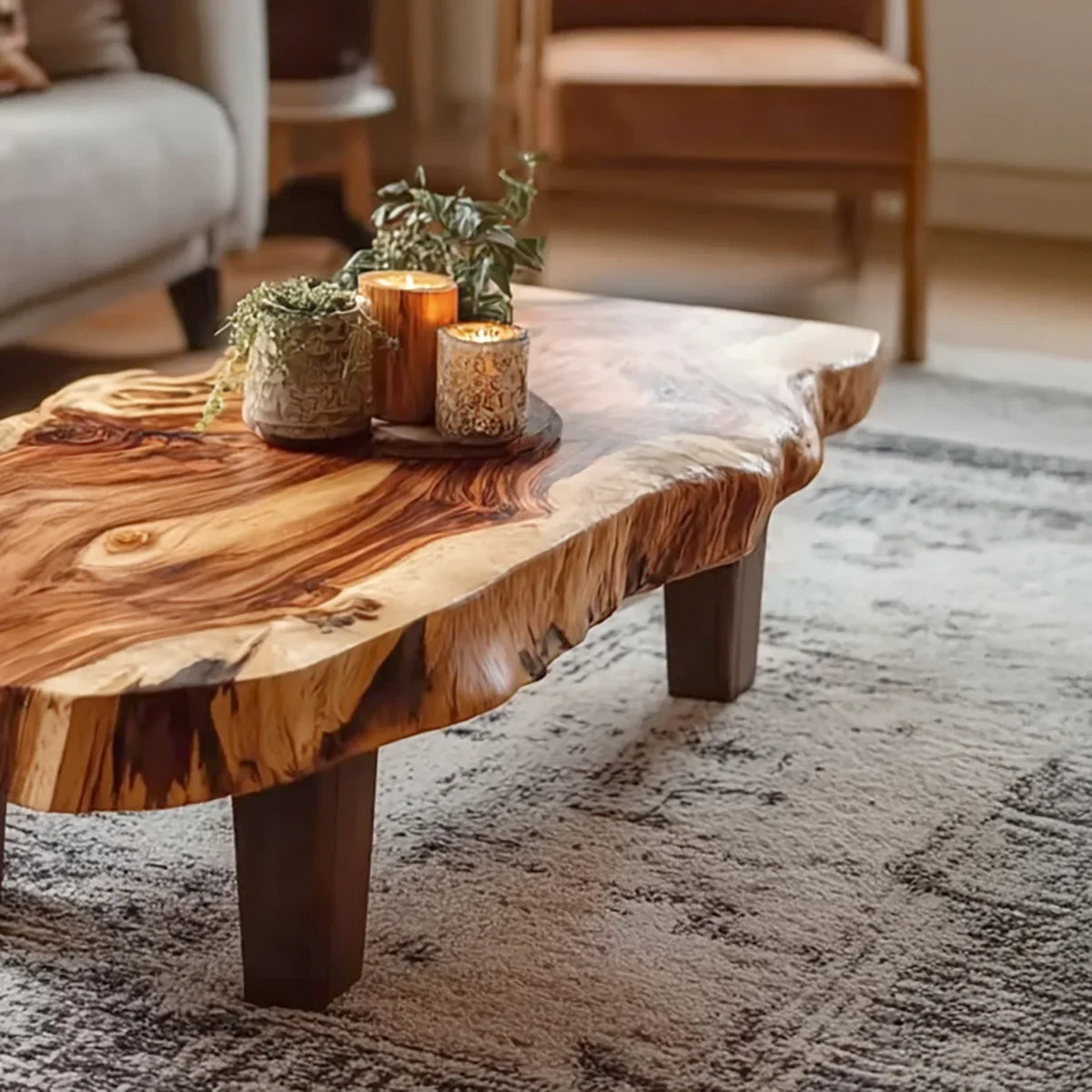 vintage inspired natural wood coffee table in cozy living room with warm decor